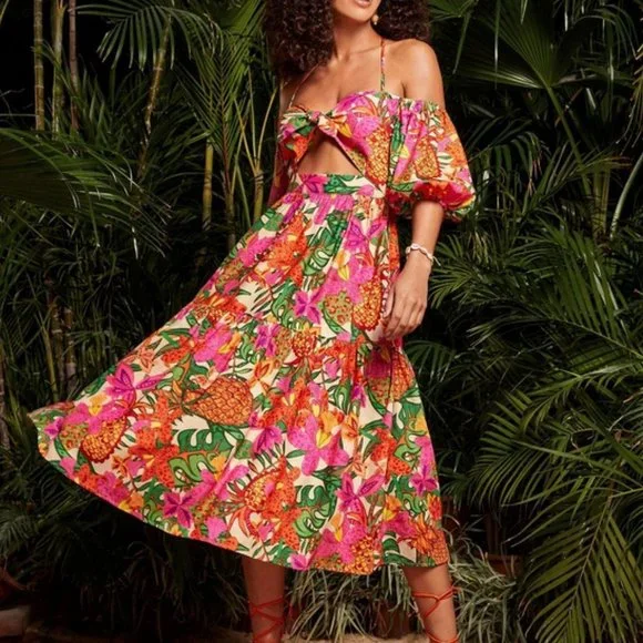 tie neck off shoulder puff sleeve cutout tropical print dress vacay summer cute - Picture 1 of 7